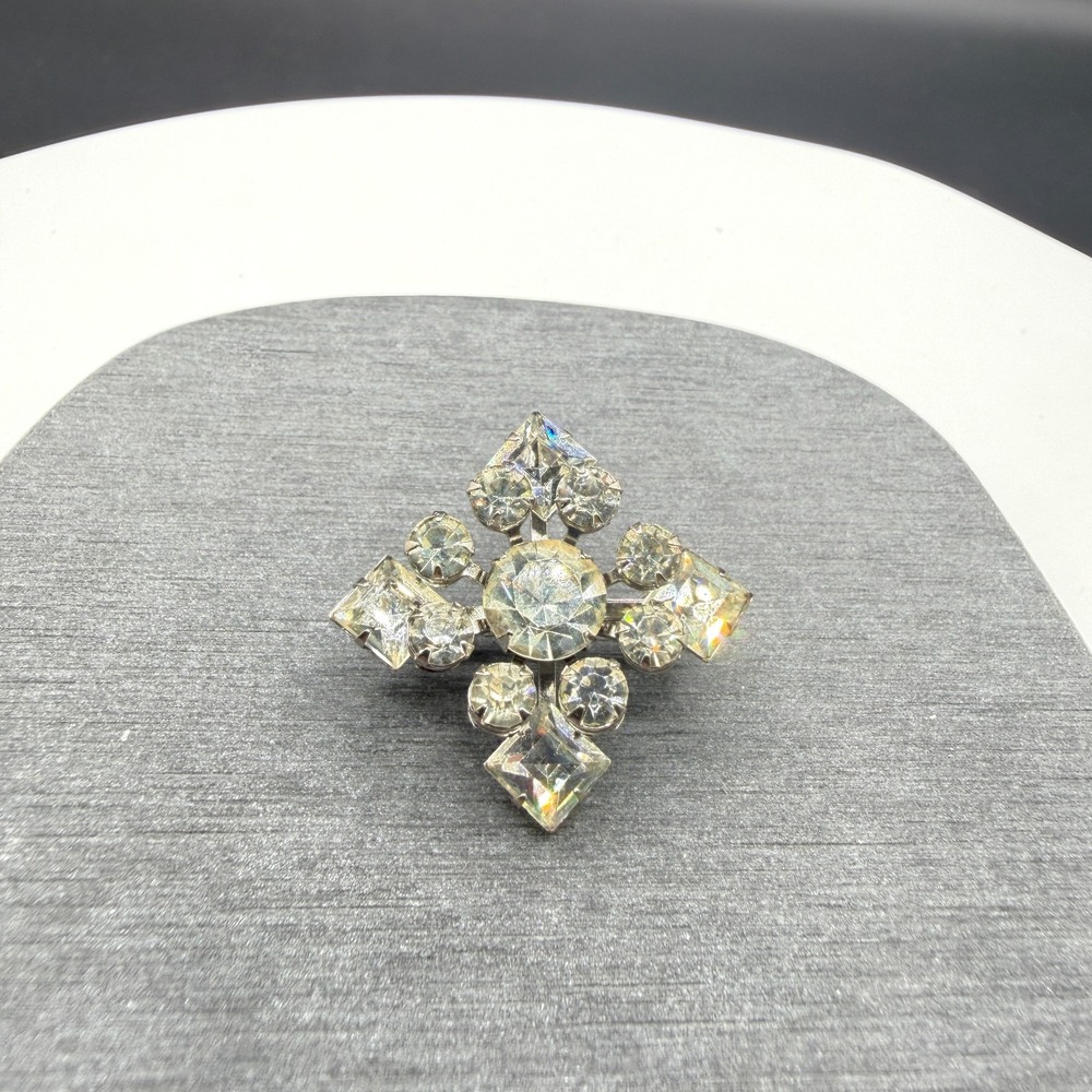 Clear Rhinestone Brooch Silver Tone Geometric Cross Floral Statement Costume Pin